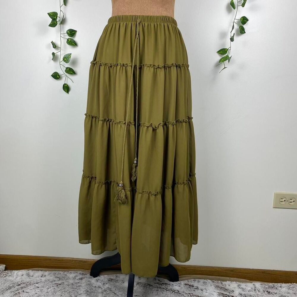 Olive green tiered maxi skirt ruffles fairy indie grunge tassel layered cottage
